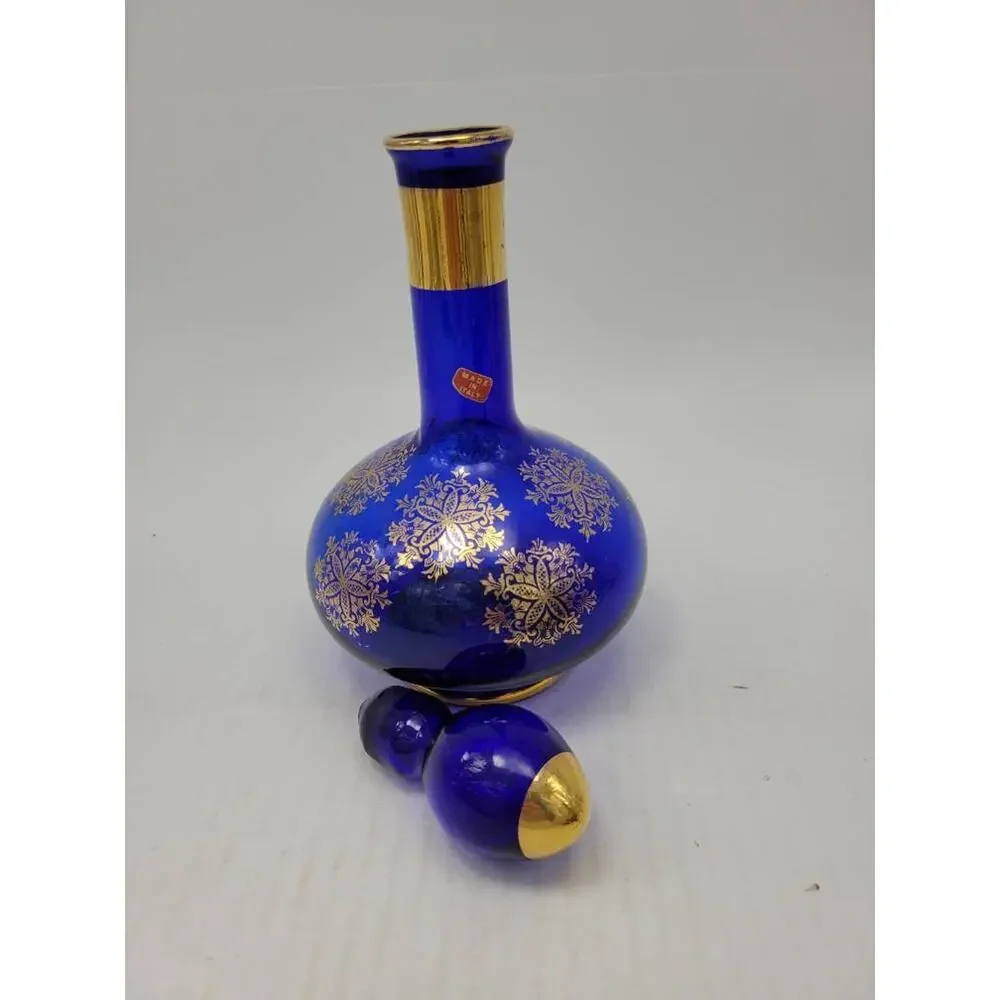 Vintage Cobalt Blue Glass Decanter Set Gold Floral Cordial Liqueur Shot Glasses